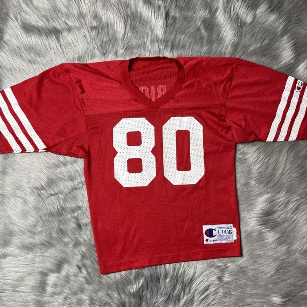 Vintage Champion Made USA Red White YOUTH Football Jersey “Rice” 80